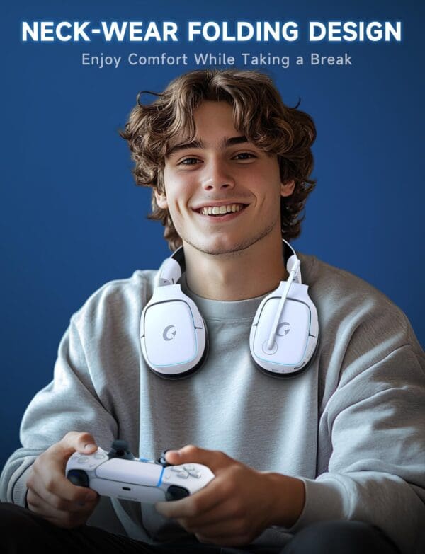 2.4GHz Wireless Gaming Headsets for PS5, PS4, PC, Switch - Bluetooth 5.3 Gaming Headphones with Noise Canceling Mic, 7.1 Surround Sound, 70H Battery, Gaming Lighting - White - Image 8