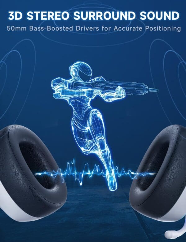 2.4GHz Wireless Gaming Headsets for PS5, PS4, PC, Switch - Bluetooth 5.3 Gaming Headphones with Noise Canceling Mic, 7.1 Surround Sound, 70H Battery, Gaming Lighting - White - Image 5