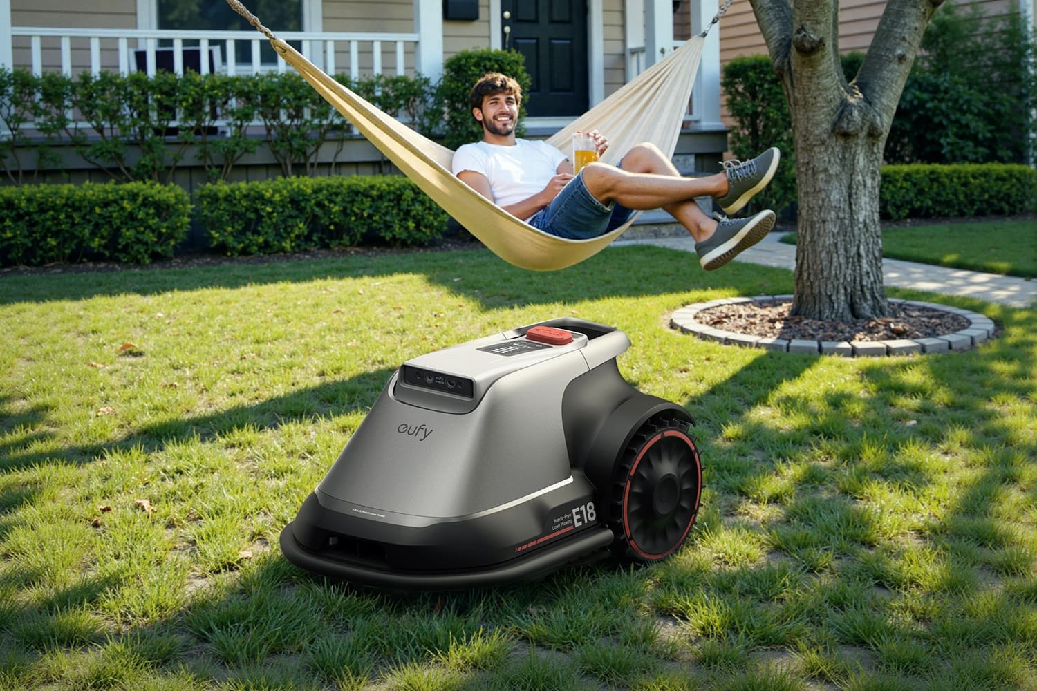 The Eufy E18 Robot Lawn Mower working outdoors.