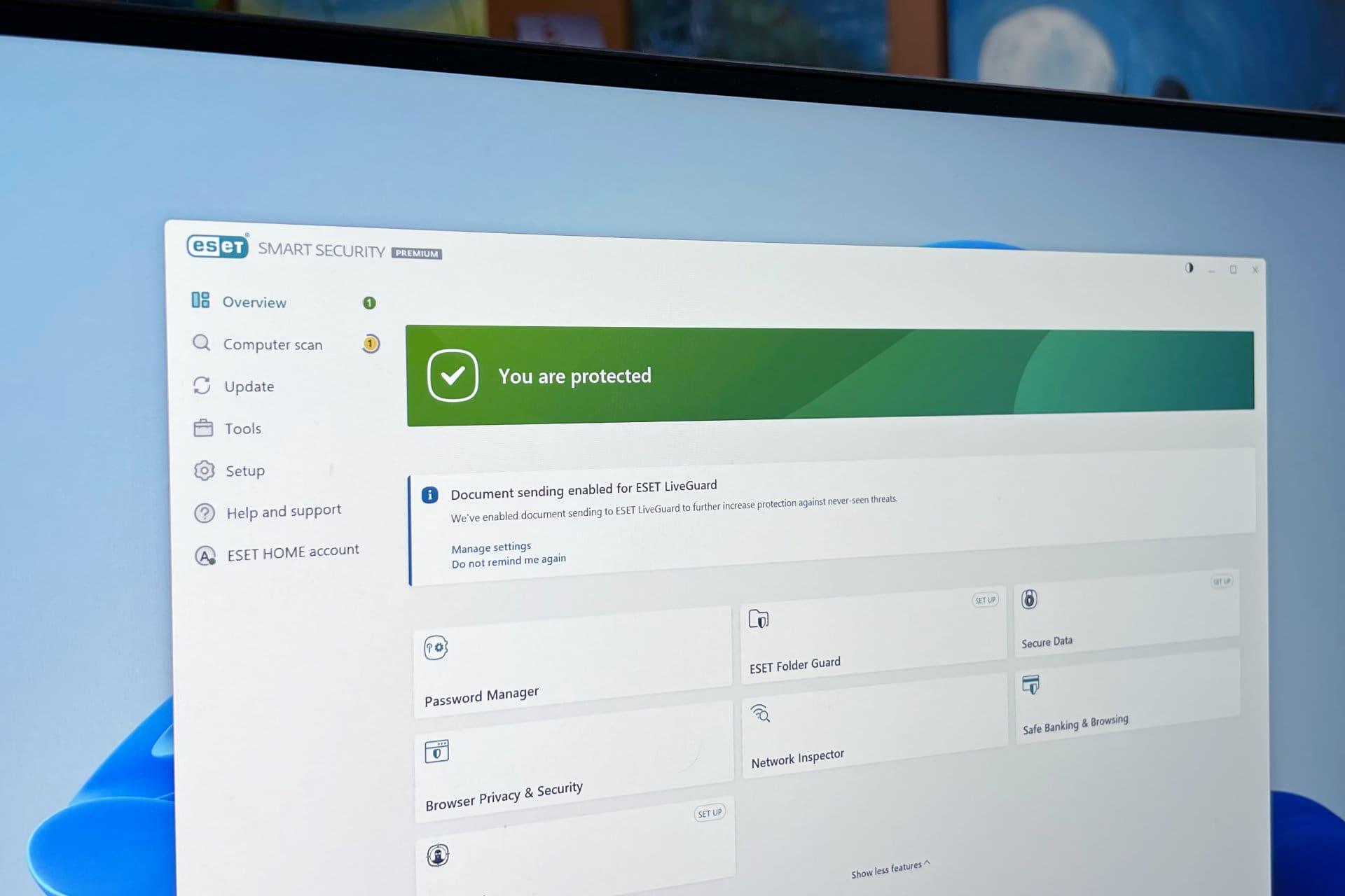 The Eset Premium app is open on a PC monitor.