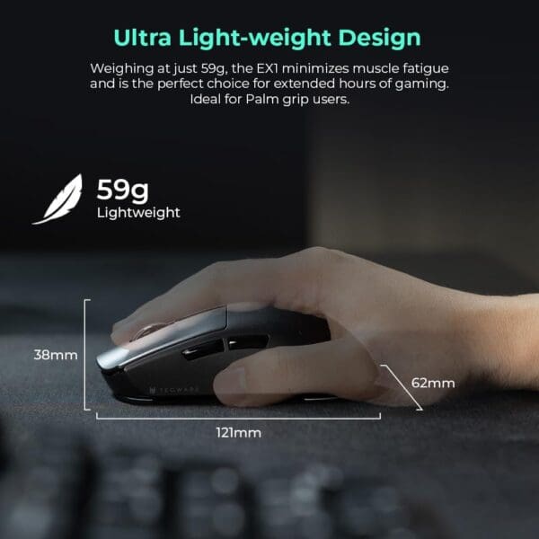 TECWARE EX1 Lightweight Gaming Mouse, 26K DPI Wireless Mouse, OLED Screen Display, 59g Lightweight, RGB Charging Dock, Tri-Mode Connectivity, Comes with PTFE Feet and Grip Tape, Gaming Mouse (Black) - Image 8
