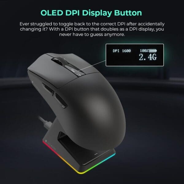 TECWARE EX1 Lightweight Gaming Mouse, 26K DPI Wireless Mouse, OLED Screen Display, 59g Lightweight, RGB Charging Dock, Tri-Mode Connectivity, Comes with PTFE Feet and Grip Tape, Gaming Mouse (Black) - Image 5