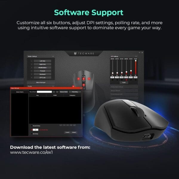 TECWARE EX1 Lightweight Gaming Mouse, 26K DPI Wireless Mouse, OLED Screen Display, 59g Lightweight, RGB Charging Dock, Tri-Mode Connectivity, Comes with PTFE Feet and Grip Tape, Gaming Mouse (Black) - Image 7