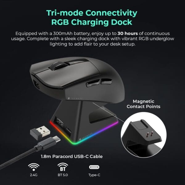 TECWARE EX1 Lightweight Gaming Mouse, 26K DPI Wireless Mouse, OLED Screen Display, 59g Lightweight, RGB Charging Dock, Tri-Mode Connectivity, Comes with PTFE Feet and Grip Tape, Gaming Mouse (Black) - Image 4