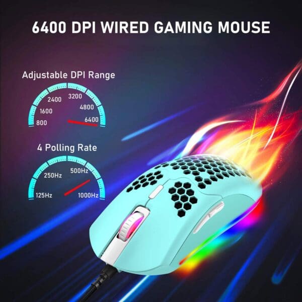 ZIYOU LANG Wired Lightweight Gaming Mouse,6 RGB Backlit Mice with 7 Buttons Programmable Driver,6400DPI Computer Mouse,Ultralight Honeycomb Shell Ultraweave Cable Mouse for PC Gamers,Xbox,PS4(Green) - Image 3