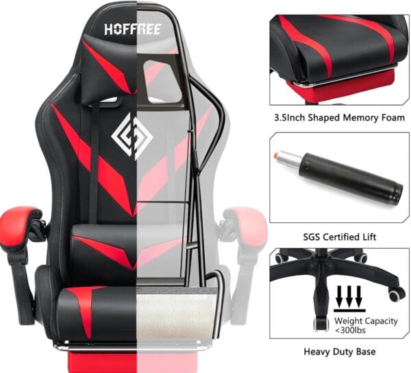 HOFFREE Gaming Chair Massage with Bluetooth Speakers and Led Lights Ergonomic Computer Gaming Chair with Footrest RGB Video Game Chair with High Back Lumbar Support Red and Black - Image 5