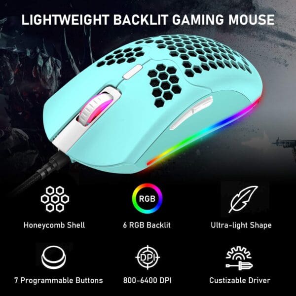 ZIYOU LANG Wired Lightweight Gaming Mouse,6 RGB Backlit Mice with 7 Buttons Programmable Driver,6400DPI Computer Mouse,Ultralight Honeycomb Shell Ultraweave Cable Mouse for PC Gamers,Xbox,PS4(Green) - Image 4