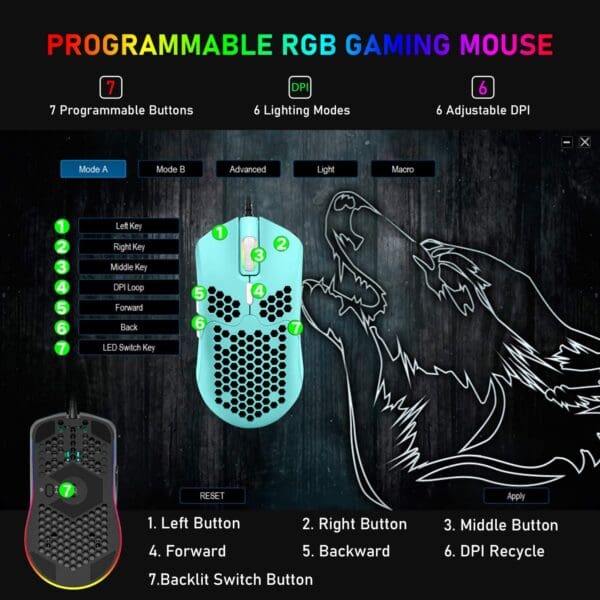 ZIYOU LANG Wired Lightweight Gaming Mouse,6 RGB Backlit Mice with 7 Buttons Programmable Driver,6400DPI Computer Mouse,Ultralight Honeycomb Shell Ultraweave Cable Mouse for PC Gamers,Xbox,PS4(Green) - Image 5